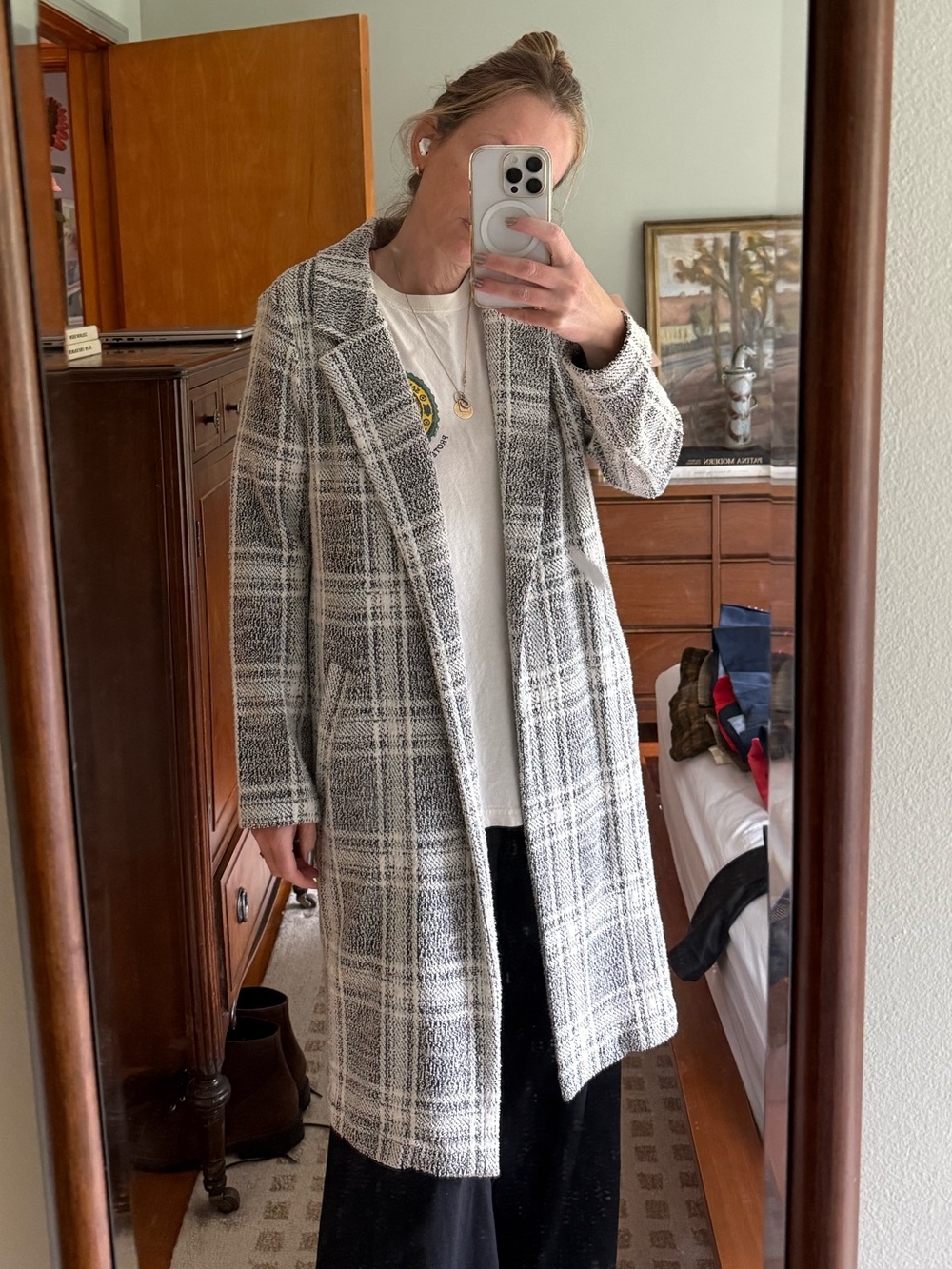Womens Gray Plaid Long Open-Front sweater Coat